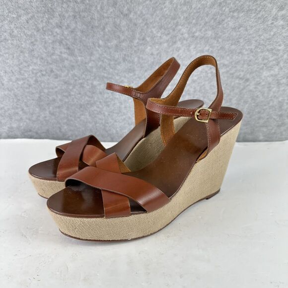 J. Crew Lila Platform Wedges Sandals Shoes Ankle Strap Leather Brown Sz 11 Italy - Picture 2 of 10